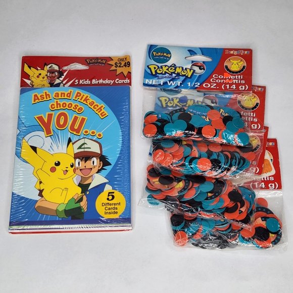 Vintage Set of 5 Pokemon Birthday Cards + 4 Packs of Confetti - 90's Nostalgia! - Picture 1 of 3